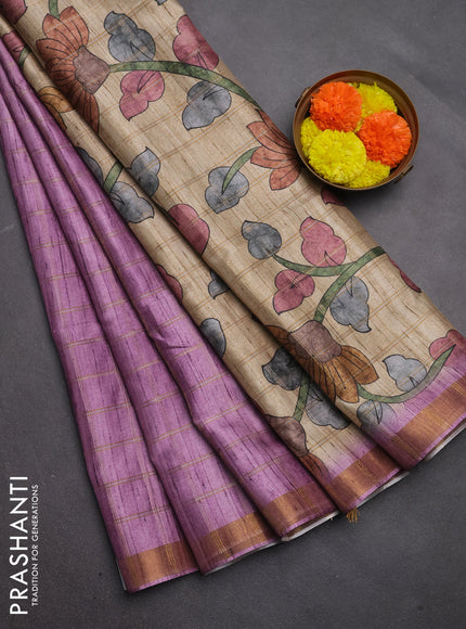 Semi tussar saree onion pink and beige with allover zari checked pattern and kalamkari printed pallu