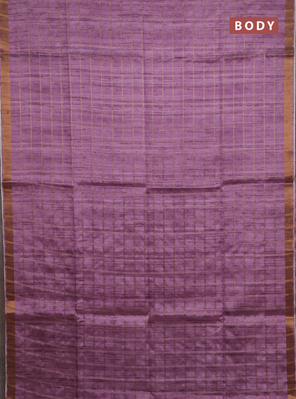 Semi tussar saree onion pink and beige with allover zari checked pattern and kalamkari printed pallu