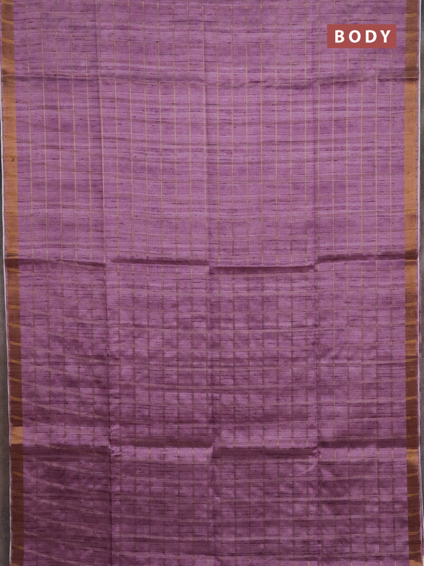 Semi tussar saree onion pink and beige with allover zari checked pattern and kalamkari printed pallu
