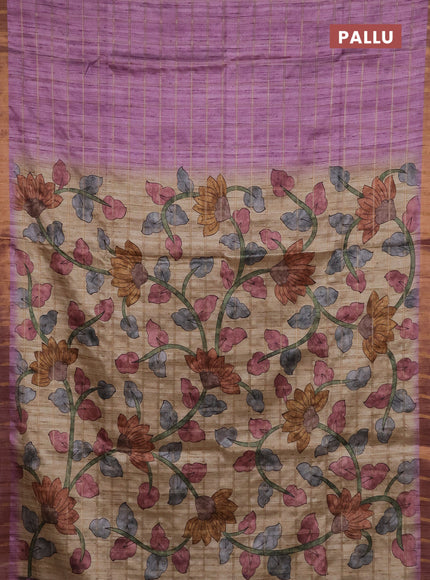 Semi tussar saree onion pink and beige with allover zari checked pattern and kalamkari printed pallu
