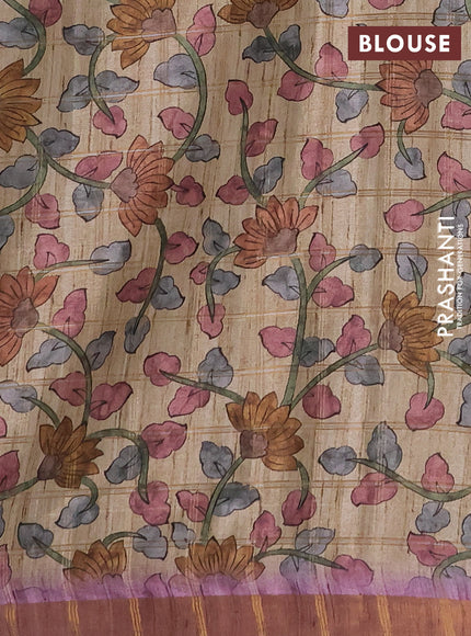 Semi tussar saree onion pink and beige with allover zari checked pattern and kalamkari printed pallu