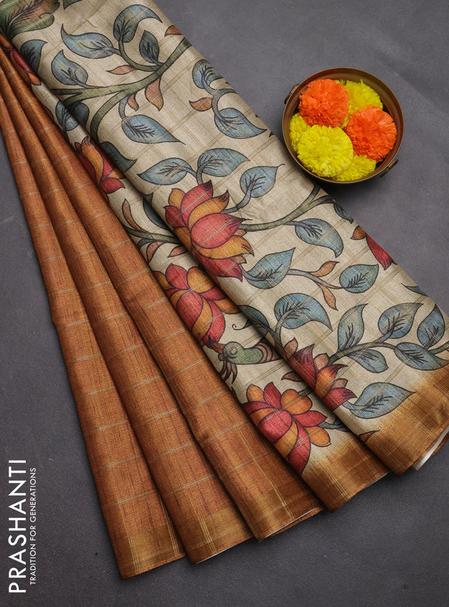 Semi tussar saree dark mustard and beige with allover zari checked pattern and kalamkari printed pallu