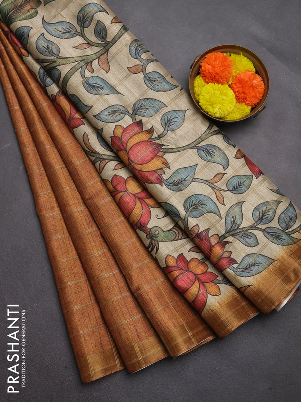 Semi tussar saree dark mustard and beige with allover zari checked pattern and kalamkari printed pallu