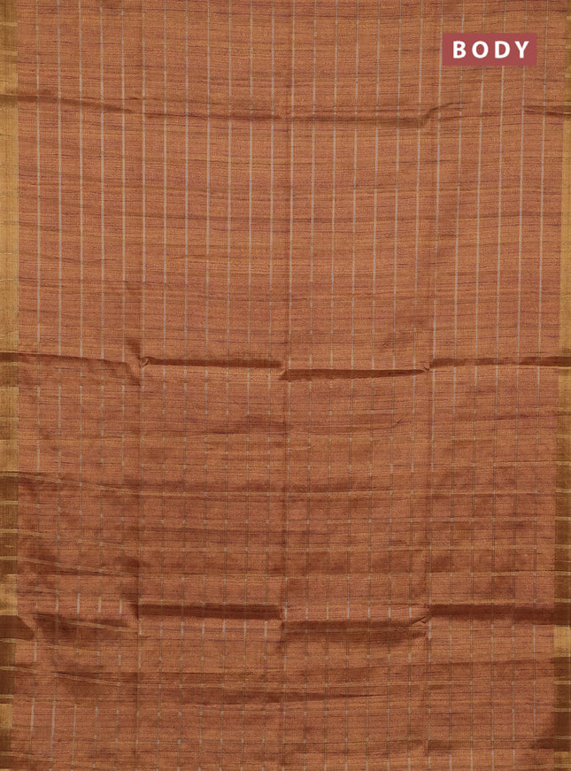 Semi tussar saree dark mustard and beige with allover zari checked pattern and kalamkari printed pallu