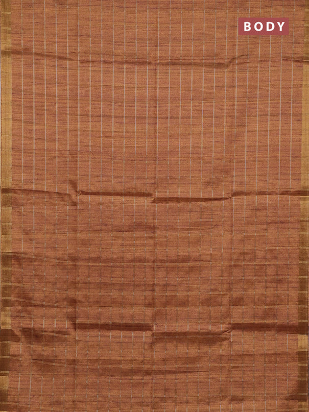 Semi tussar saree dark mustard and beige with allover zari checked pattern and kalamkari printed pallu