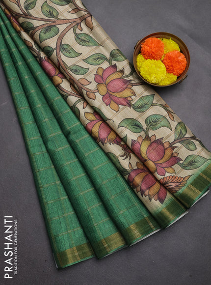 Semi tussar saree green and beige with allover zari checked pattern and kalamkari printed pallu