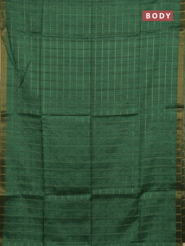 Semi tussar saree green and beige with allover zari checked pattern and kalamkari printed pallu