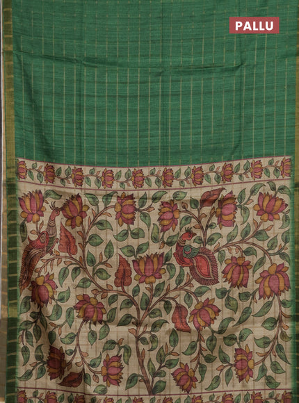 Semi tussar saree green and beige with allover zari checked pattern and kalamkari printed pallu