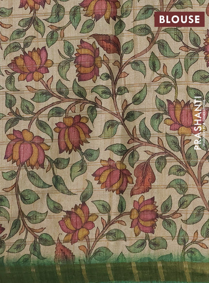 Semi tussar saree green and beige with allover zari checked pattern and kalamkari printed pallu