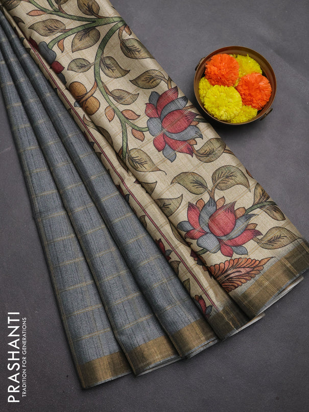 Semi tussar saree grey and beige with allover zari checked pattern and kalamkari printed pallu