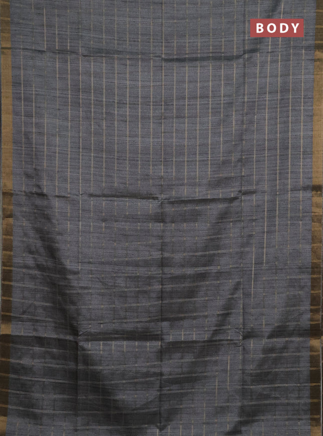 Semi tussar saree grey and beige with allover zari checked pattern and kalamkari printed pallu