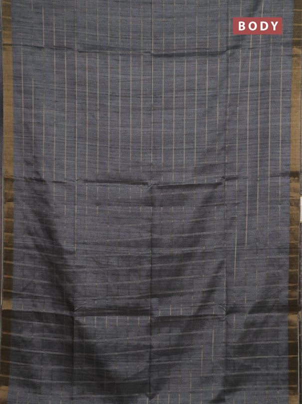 Semi tussar saree grey and beige with allover zari checked pattern and kalamkari printed pallu