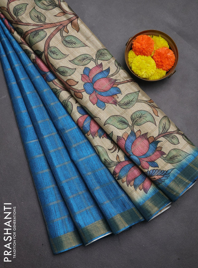 Semi tussar saree cs blue and beige with allover zari checked pattern and kalamkari printed pallu