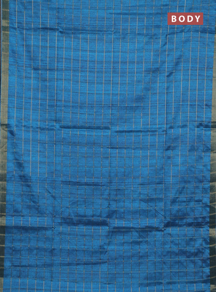 Semi tussar saree cs blue and beige with allover zari checked pattern and kalamkari printed pallu