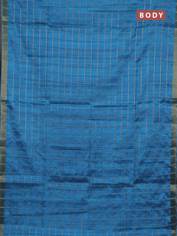 Semi tussar saree cs blue and beige with allover zari checked pattern and kalamkari printed pallu