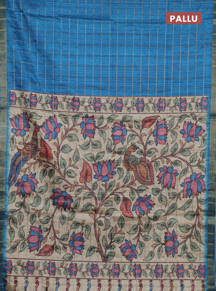 Semi tussar saree cs blue and beige with allover zari checked pattern and kalamkari printed pallu