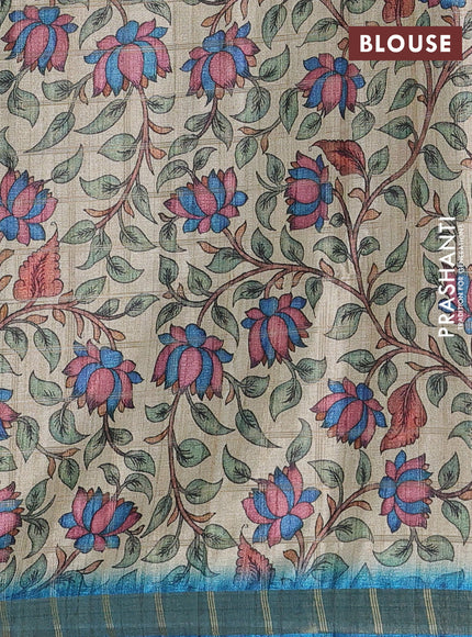 Semi tussar saree cs blue and beige with allover zari checked pattern and kalamkari printed pallu