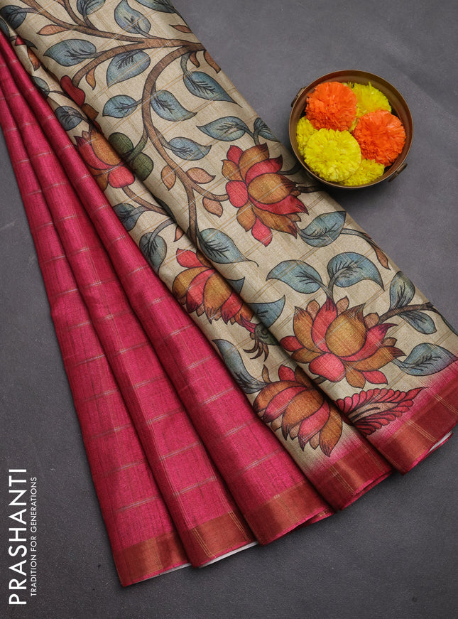 Semi tussar saree pink and beige with allover zari checked pattern and kalamkari printed pallu