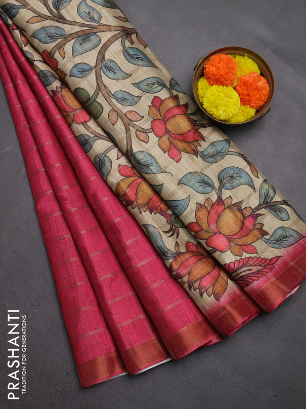 Semi tussar saree pink and beige with allover zari checked pattern and kalamkari printed pallu