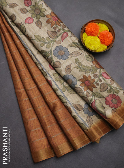 Semi tussar saree dark mustard yellow and beige with allover zari checked pattern and kalamkari printed pallu