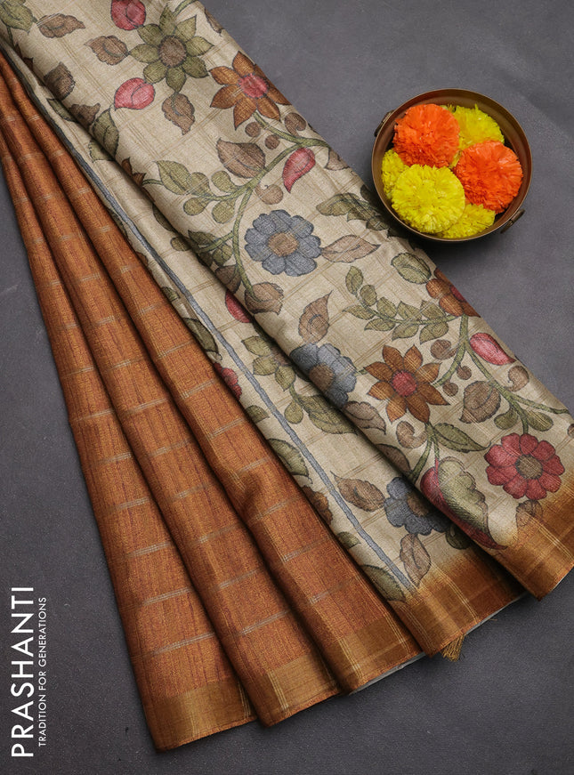 Semi tussar saree dark mustard yellow and beige with allover zari checked pattern and kalamkari printed pallu