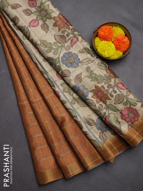 Semi tussar saree dark mustard yellow and beige with allover zari checked pattern and kalamkari printed pallu