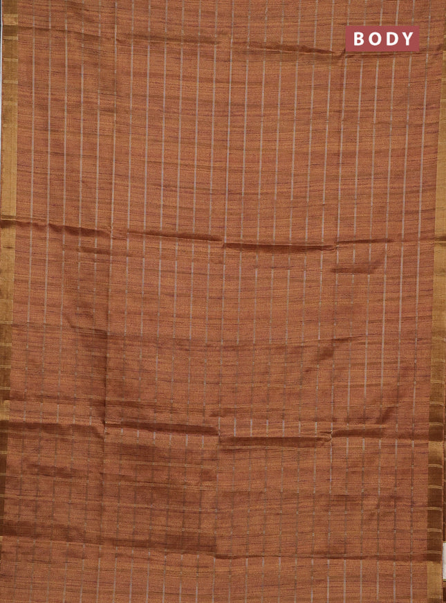 Semi tussar saree dark mustard yellow and beige with allover zari checked pattern and kalamkari printed pallu