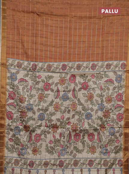 Semi tussar saree dark mustard yellow and beige with allover zari checked pattern and kalamkari printed pallu
