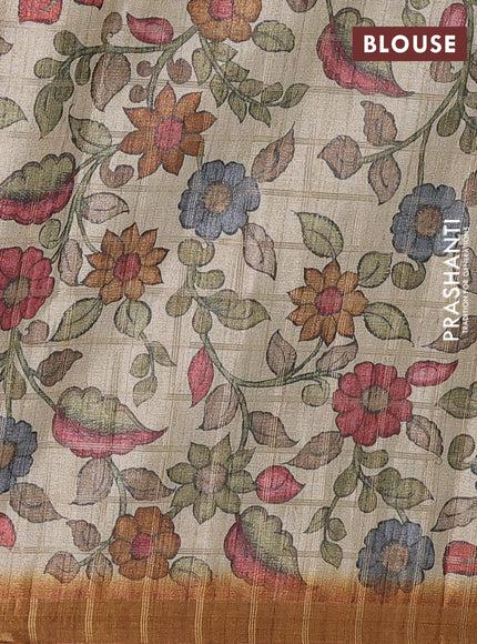 Semi tussar saree dark mustard yellow and beige with allover zari checked pattern and kalamkari printed pallu
