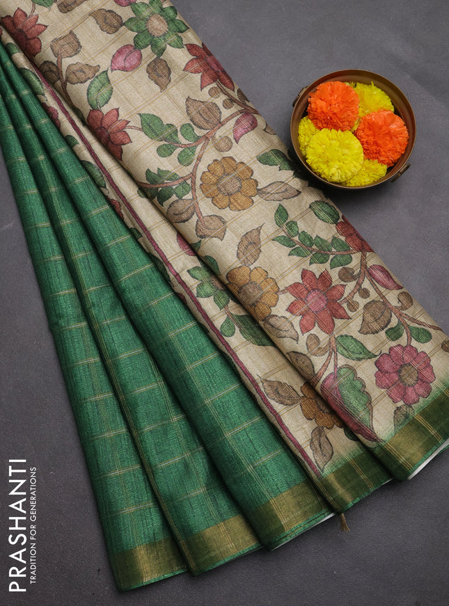 Semi tussar saree green and beige with allover zari checked pattern and kalamkari printed pallu