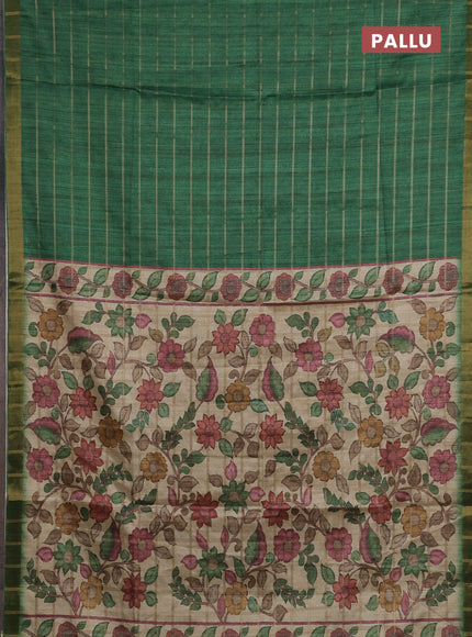 Semi tussar saree green and beige with allover zari checked pattern and kalamkari printed pallu