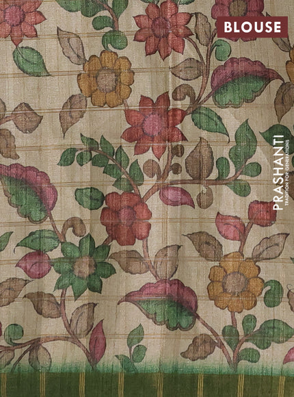 Semi tussar saree green and beige with allover zari checked pattern and kalamkari printed pallu