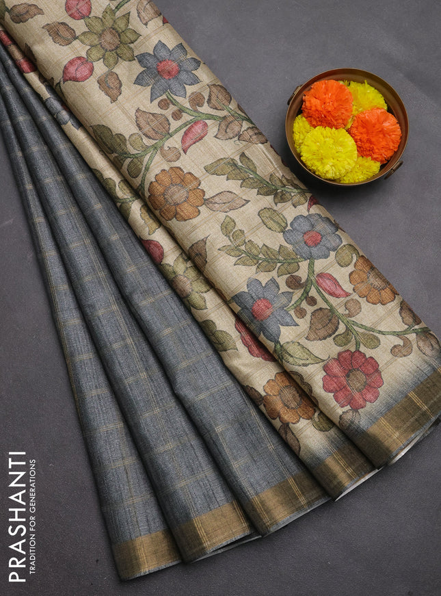 Semi tussar saree grey and beige with allover zari checked pattern and kalamkari printed pallu