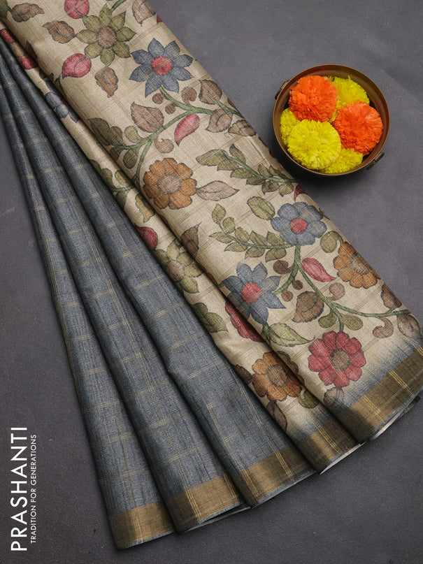 Semi tussar saree grey and beige with allover zari checked pattern and kalamkari printed pallu