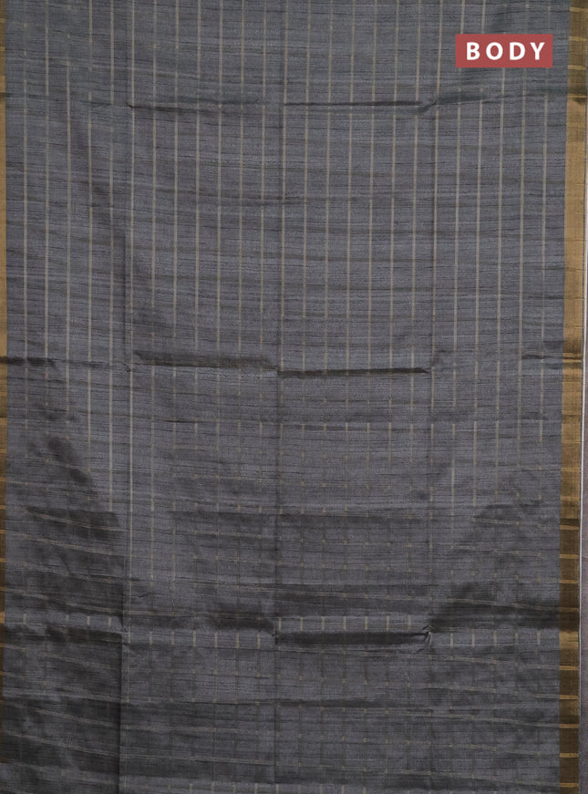 Semi tussar saree grey and beige with allover zari checked pattern and kalamkari printed pallu