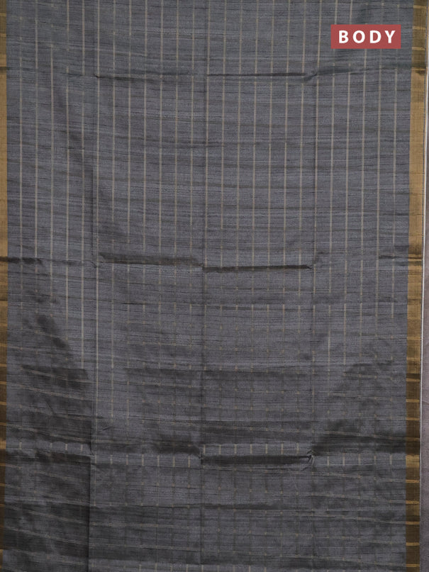 Semi tussar saree grey and beige with allover zari checked pattern and kalamkari printed pallu
