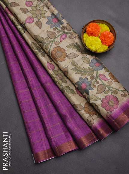 Semi tussar saree purple and beige with allover zari checked pattern and kalamkari printed pallu
