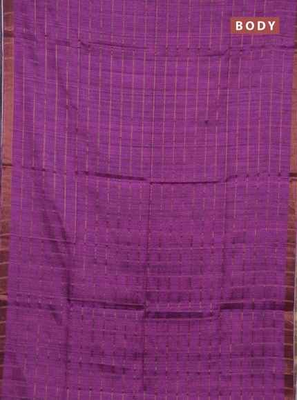 Semi tussar saree purple and beige with allover zari checked pattern and kalamkari printed pallu