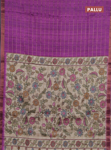 Semi tussar saree purple and beige with allover zari checked pattern and kalamkari printed pallu