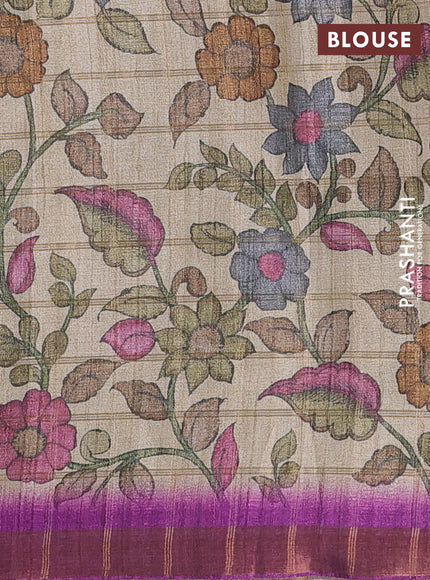 Semi tussar saree purple and beige with allover zari checked pattern and kalamkari printed pallu