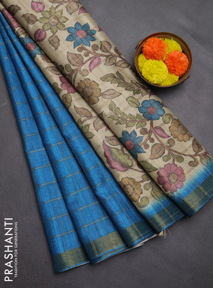 Semi tussar saree cs blue and beige with allover zari checked pattern and kalamkari printed pallu