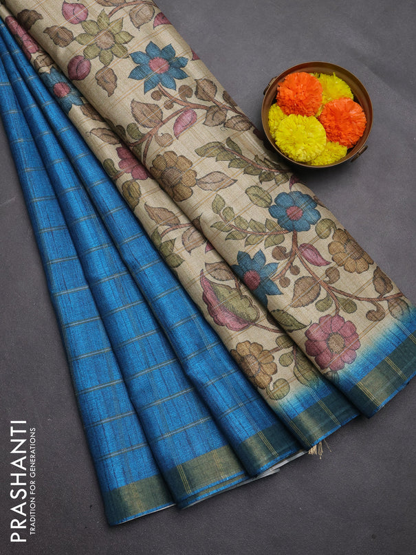 Semi tussar saree cs blue and beige with allover zari checked pattern and kalamkari printed pallu