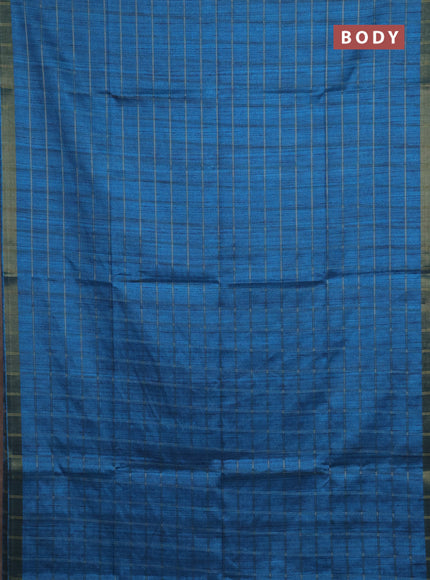 Semi tussar saree cs blue and beige with allover zari checked pattern and kalamkari printed pallu