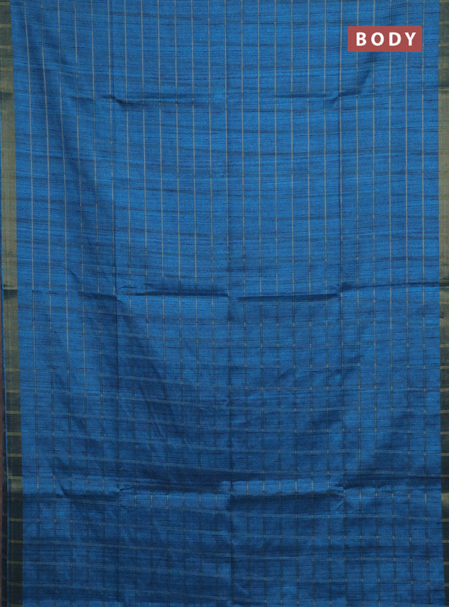 Semi tussar saree cs blue and beige with allover zari checked pattern and kalamkari printed pallu