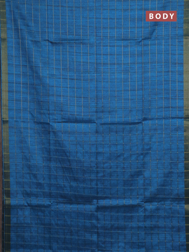 Semi tussar saree cs blue and beige with allover zari checked pattern and kalamkari printed pallu