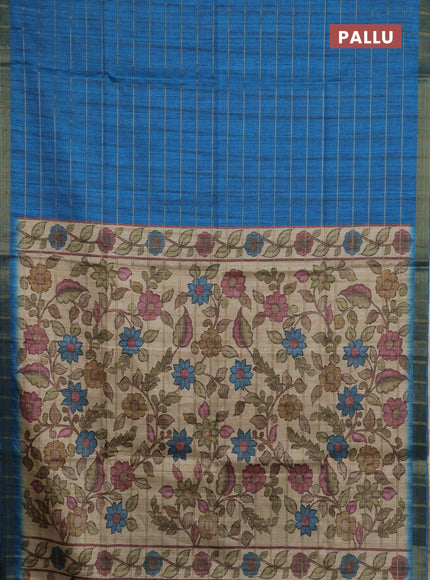 Semi tussar saree cs blue and beige with allover zari checked pattern and kalamkari printed pallu