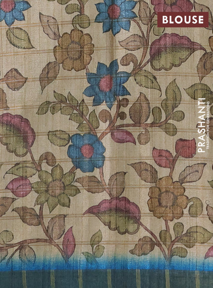 Semi tussar saree cs blue and beige with allover zari checked pattern and kalamkari printed pallu