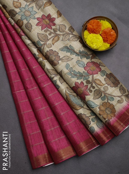 Semi tussar saree pink and beige with allover zari checked pattern and kalamkari printed pallu