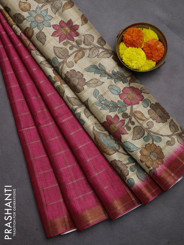 Semi tussar saree pink and beige with allover zari checked pattern and kalamkari printed pallu