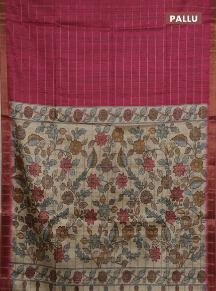 Semi tussar saree pink and beige with allover zari checked pattern and kalamkari printed pallu
